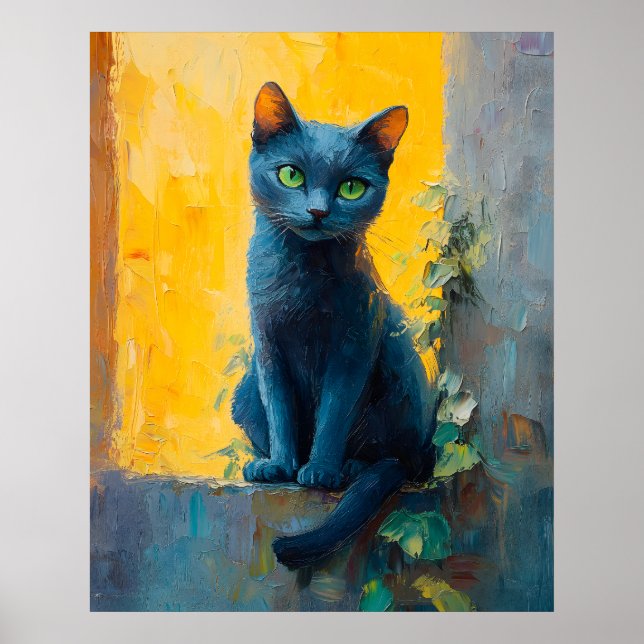 Poster Russian Blue Cat in Golden Light – Peaceful Ledge  (Devant)
