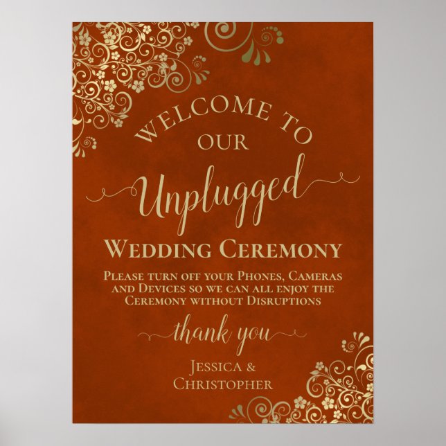 Poster Rust Orange & Gold Chic Unplugged Mariage Cerememy (Devant)