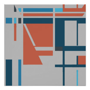 Poster Rust Turquoise Bleu MCM Look Carrés sur Grey