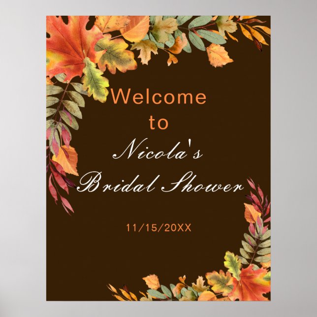 Poster Rustic Autumn Fall Leaves Bridal Shower Welcome (Devant)