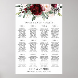 Poster Rustic Burgundy Blush Floral Wedding Seating Chart