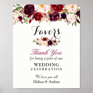 Poster Rustic Burgundy Floral Wedding Favors Thank You
