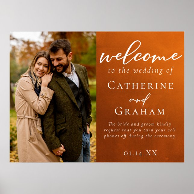 Poster Rustic Burnt Orange Photo Mariage Bienvenue (Devant)