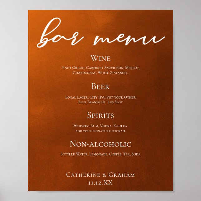 Poster Rustic Burnt Orange Simple Autumn Mariage Bar Menu (Devant)