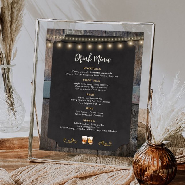Poster Rustic Cheers Whiskey Theme 8x10 Menu Boisson (Rustic Cheers Whiskey Themed 8x10 Drink Menu Poster)