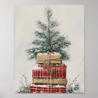 Poster Rustic Christmas Tree & Plaid Gift Stack