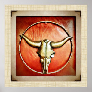 Poster Rustic Country Bull Horns Faux Design en cuir