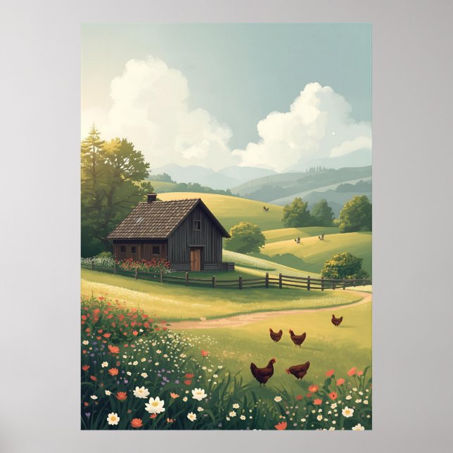 Poster Rustic Countryside Cabin with Wildflowers  (Devant)