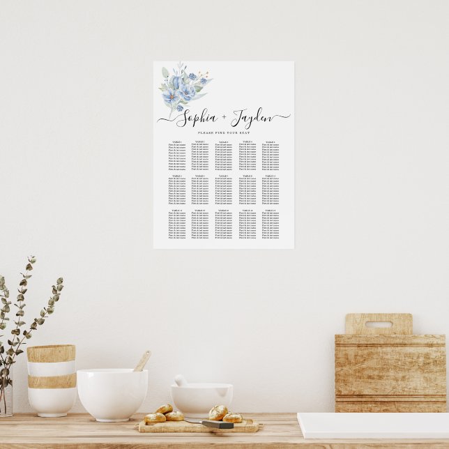 Poster rustic dusty blue watercolor flowers & leaves (Cuisine)
