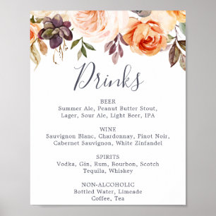 Poster Rustic Earth Florals Mariage Boissons Menu Signer