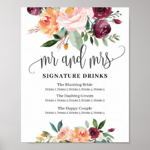 Poster Rustic floral mr and mrs signature drinks sign