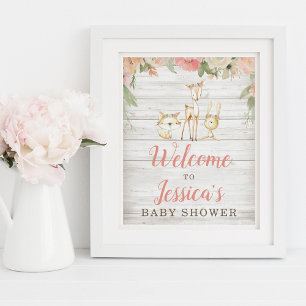 Poster Rustic Floral Woodland Animals Baby Shower Welcome
