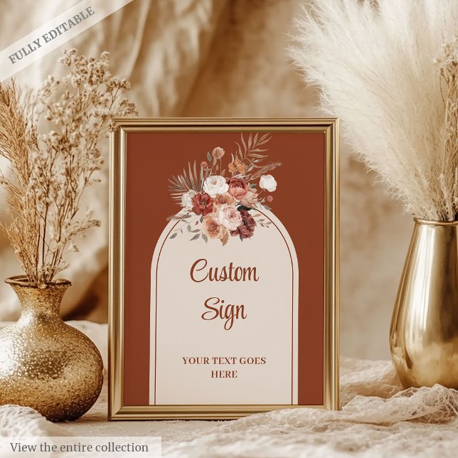 Poster Rustic Forest Green Feuille or Mariage personnalis (Elegant Terracotta Pampas Sage Boho Arch Custom Sign)