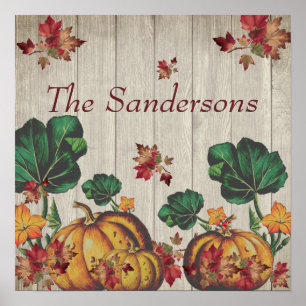 Poster Rustic Gray Wood Autumn Orange Pumpkins Fall Leave