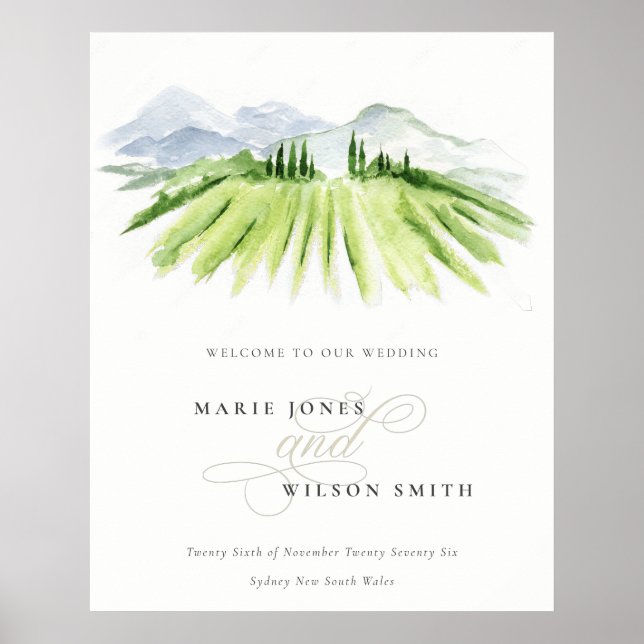 Poster Rustic Green Blue Winery Vineyard Mariage Bienvenu (Devant)