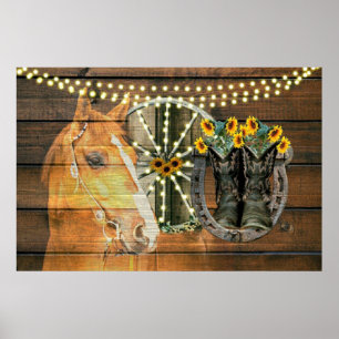 Poster Rustic Horse Sunflowers Wagon Wheel Cowboy Boots