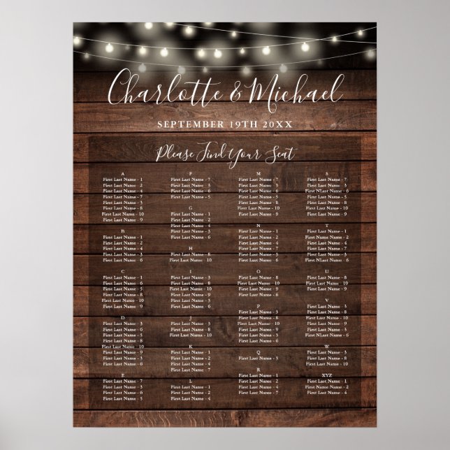 Poster Rustic Lights Alphabetical Wedding Seating Chart (Devant)