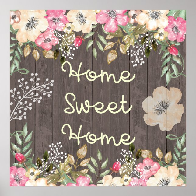 Poster Rustic Look Home Sweet Home Floral Bois (Devant)