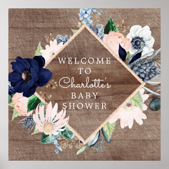 Poster Rustic Navy Blue Blush Floral Baby shower Bienvenu (Devant)