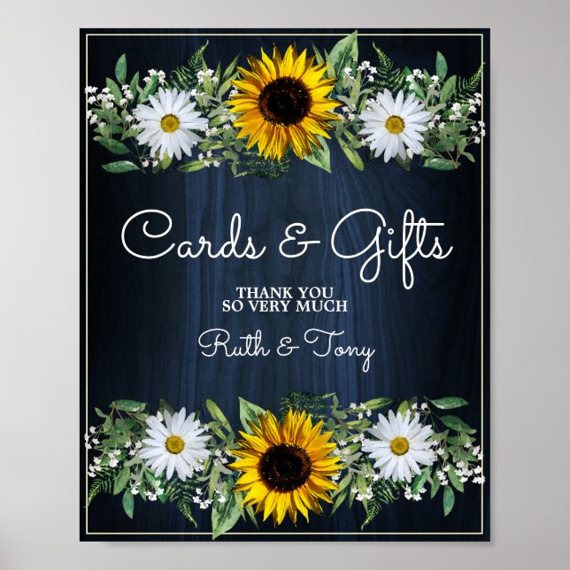 Poster Rustic Navy Blue Sunflower Cartes de mariage et ca (Devant)