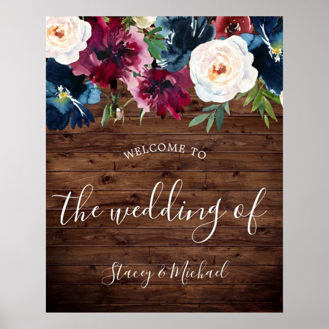Poster Rustic Navy & Burgundy Floral Welcome Mariage (Devant)