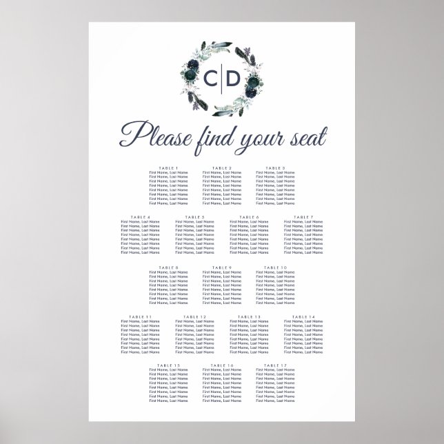 Poster Rustic Navy Peony Mariage 17 Table Seating Chart (Devant)