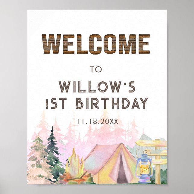 Poster Rustic Pink Girl Camping Bienvenue Anniversaire (Devant)