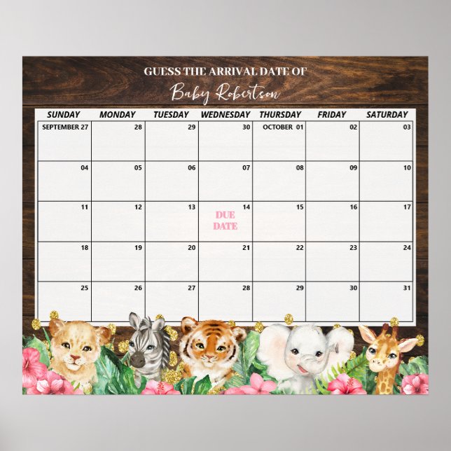 Poster Rustic Pink Safari Baby Guess Due Date Calendar (Devant)