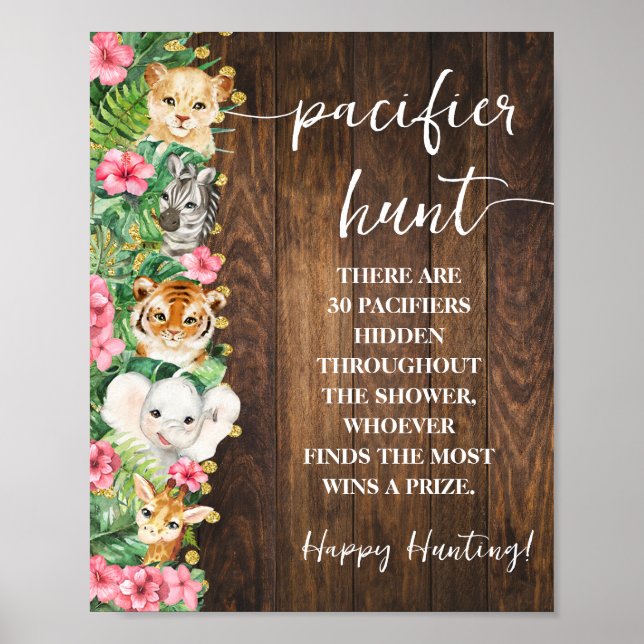 Poster Rustic Pink Safari Pacifier Hunt Baby Shower Game (Devant)