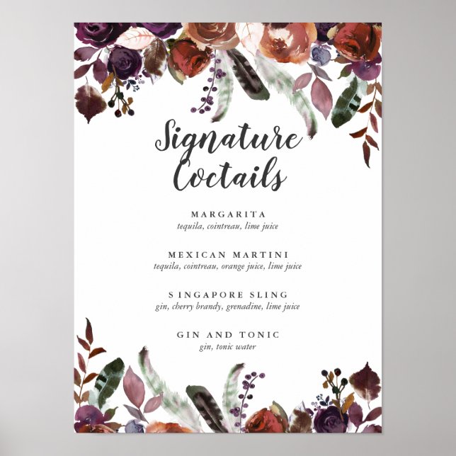 Poster Rustic Plum | Menu Signature Cocktail de Mariage (Devant)