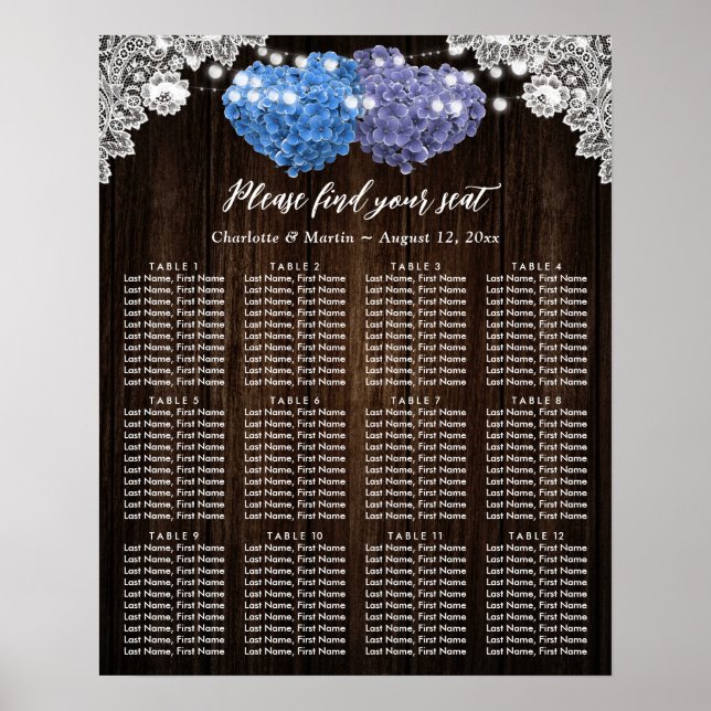 Poster Rustic Purple Blue Floral Wedding Seating Chart 12 (Devant)