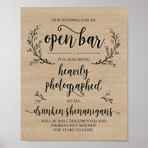 Poster Rustic Vines Mariage Open Bar Drung sign