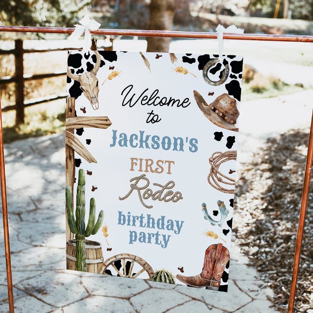 Poster Rustic Western Premier Rodéo 1er anniversaire Bien (Boys First Rodeo 1st Birthday Welcome Sign, Western Cowboy Editable Boys 1st Rodeo Birthday Sign)
