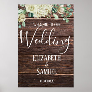 Poster Rustic wood watercolor floral wedding Welcome Sign