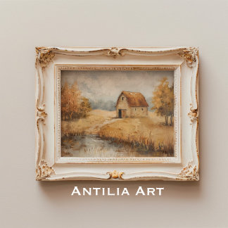Poster Rustique Autumn Grange Peinture Vintage Pond Paysa