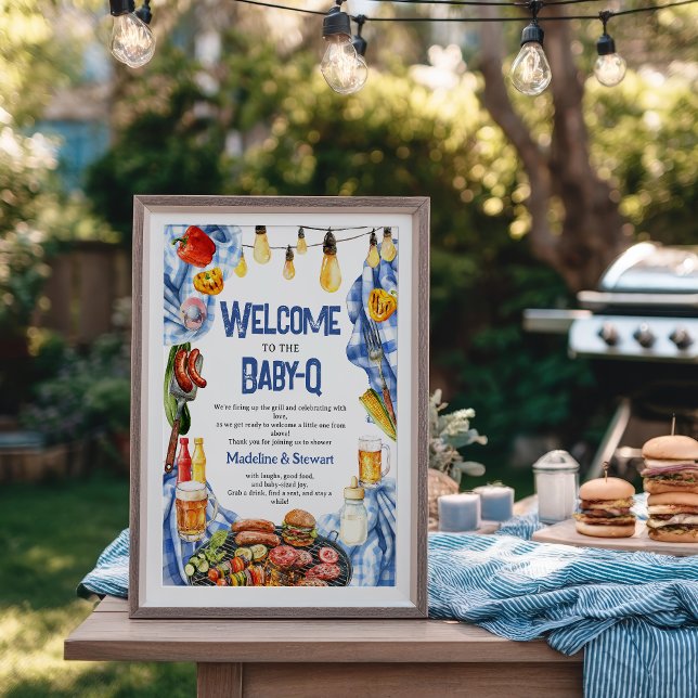 Poster Rustique BBBQ Été Bleu Plaid Baby-Q Douche Bienven (Rustic BBQ Summer Blue Plaid Baby-Q Shower Welcome Poster)