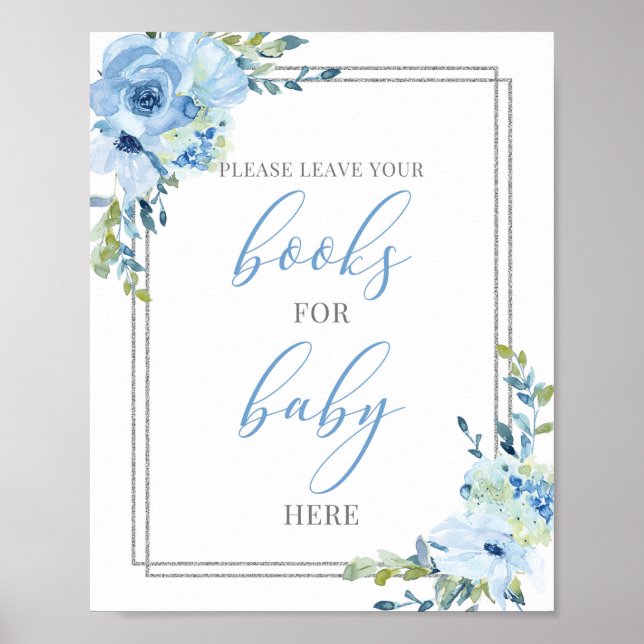 Poster Rustique bleu floral argent chic livres pour bébé  (Devant)