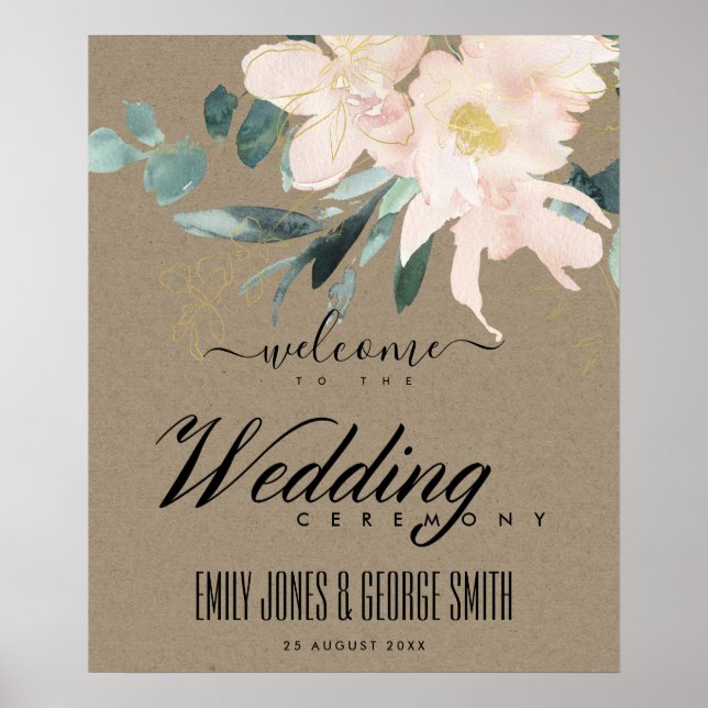 POSTER RUSTIQUE BLUSH KRAFT OR FLORAL MARIAGE ACCUEIL (Devant)