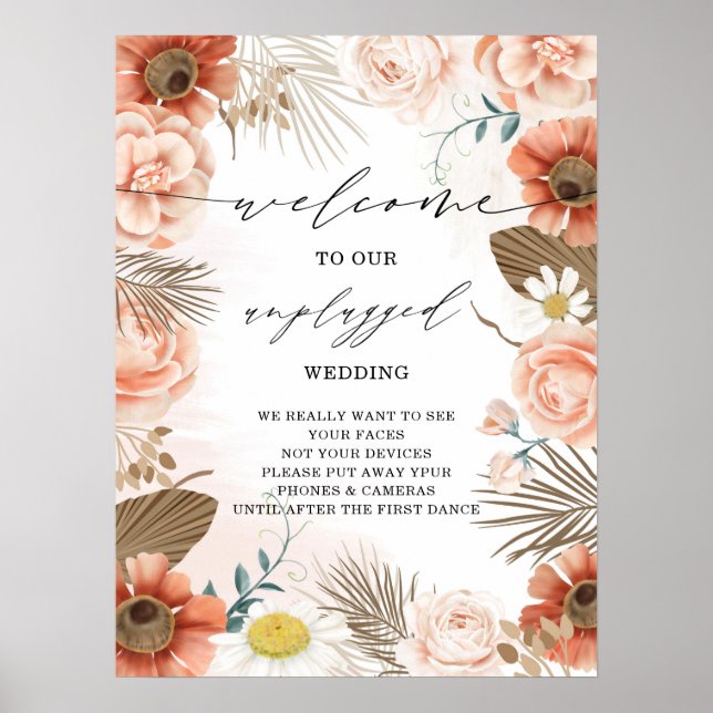Poster Rustique Boho Terracotta Floral Mariage débranché (Devant)