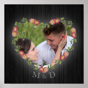 Poster Rustique Bois Floral Coeur Photo et Initiales