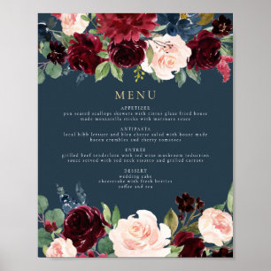 Poster Rustique Bourgogne et Navy Floral Dinner Menu