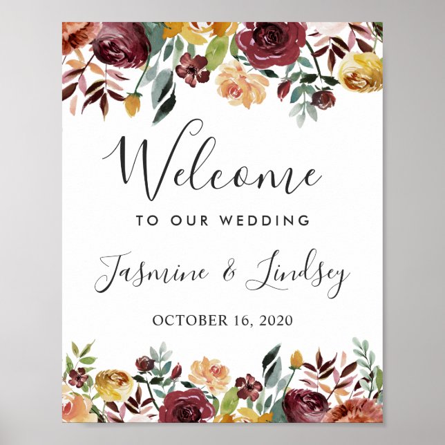 Poster Rustique Bourgogne Floral Mariage de automne Affic (Devant)