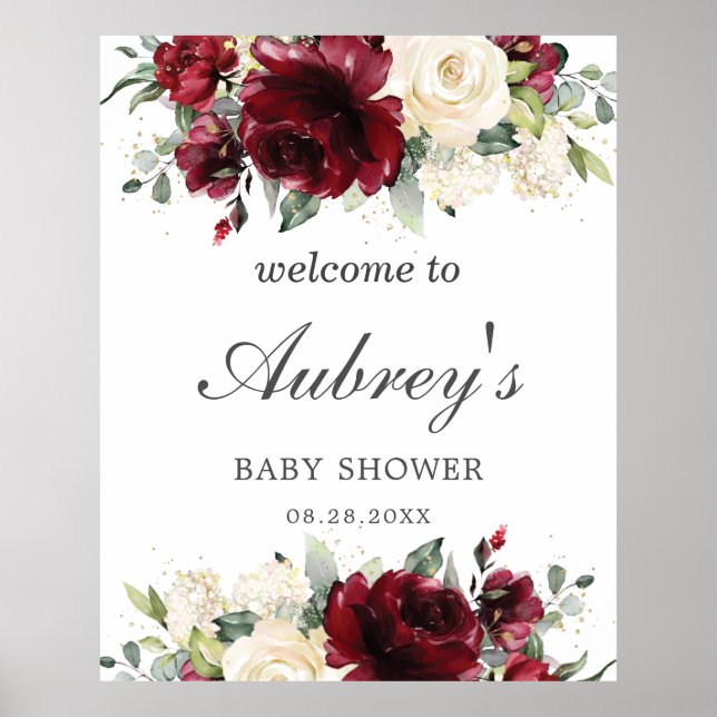 Poster Rustique Bourgogne ivoire Baby shower Floral Bienv (Devant)