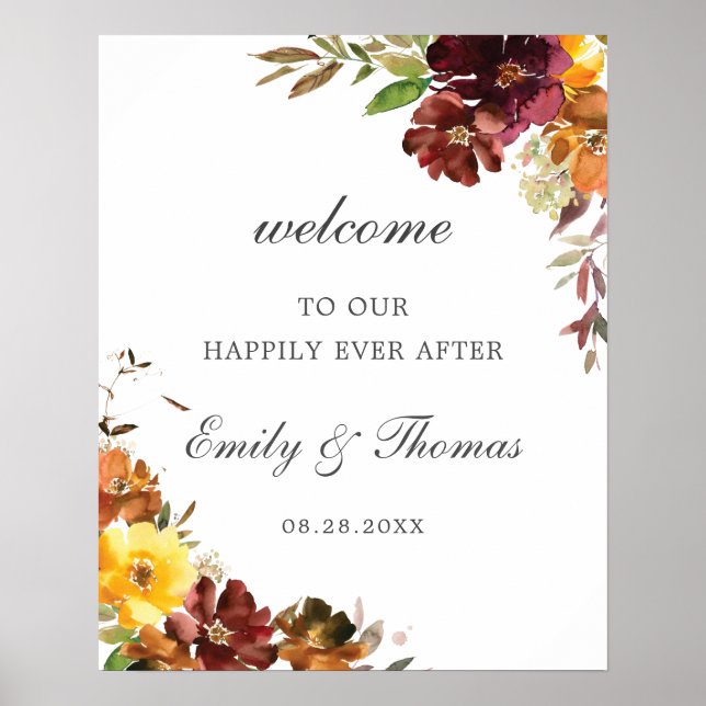 Poster Rustique Bourgogne Jaune Mariage Floral Bienvenue (Devant)