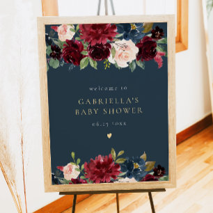 Poster Rustique Bourgogne & Marine Baby shower Floral Bie