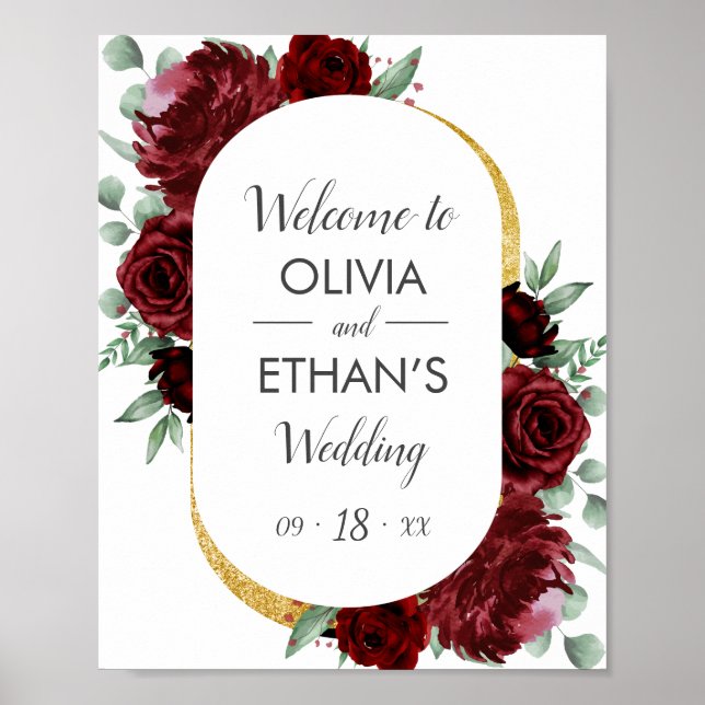 Poster Rustique Elégant Rouge Rose Floral Mariage blanc o (Devant)
