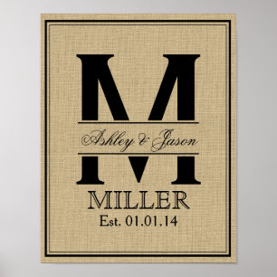 Poster Rustique Faux Burlap Mariage Monogramme