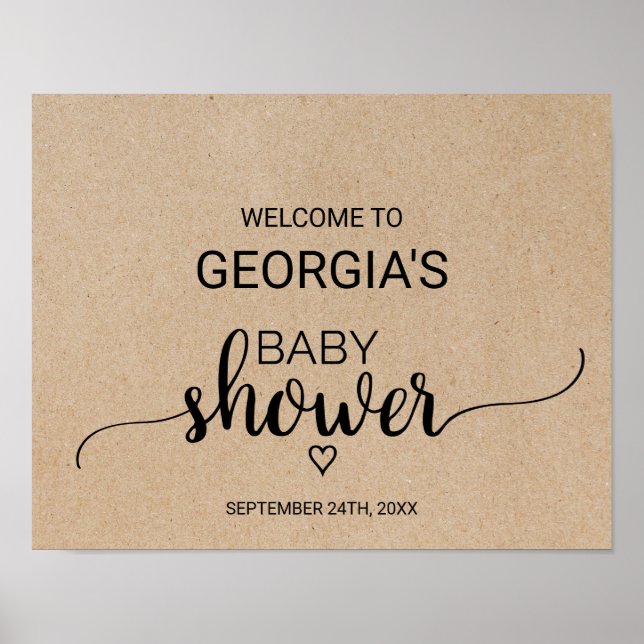 Poster Rustique Faux Kraft Baby shower de calligraphie Bi (Devant)
