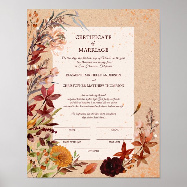 Poster Rustique fleurs d'automne fleuri certificat de mar (Devant)