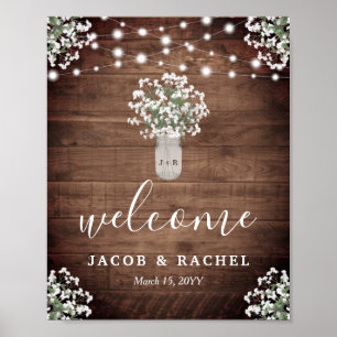 Poster Rustique Floral Mason Lumières Jar Bienvenue Maria